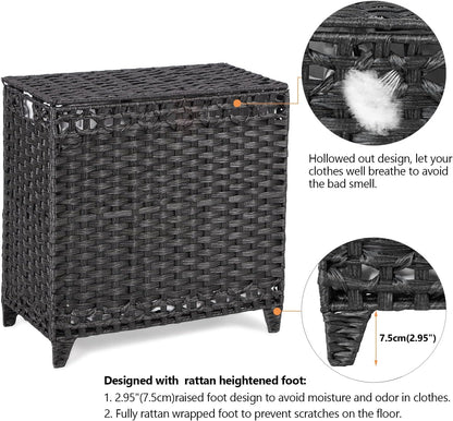 Laundry Hamper with 3 Removable Liner Bags; 132L Handwoven Rattan Laundry Basket with Lid & Heightened Feet; Clothes Hamper with Side Handles; Laundry Sorter with 3 Separate Sections