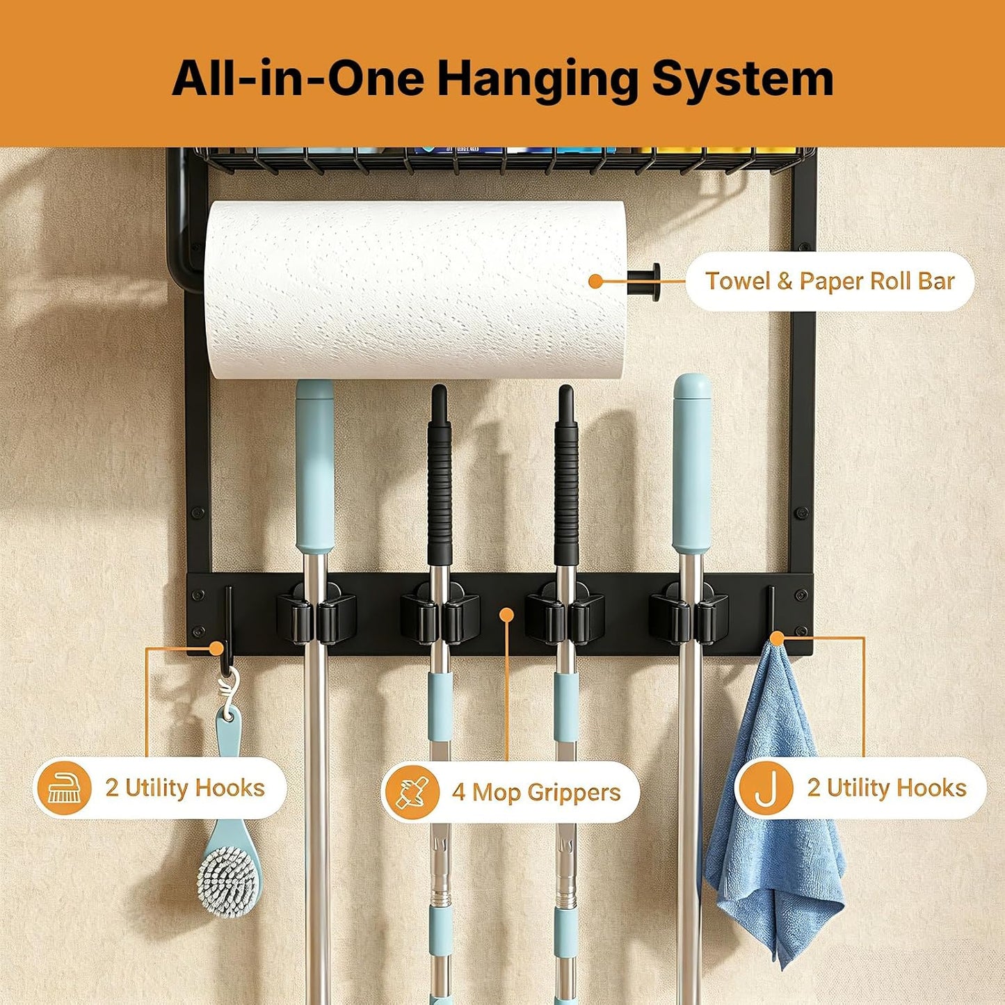 Broom Holder Wall Mount, Broom and Mop Organizer Wall Hanging with Paper Towel Holder & Removable Anti-fall Basket, Wall Mount Cleaning Supplies Organizer for Laundry Room, Apartment, Utility Room