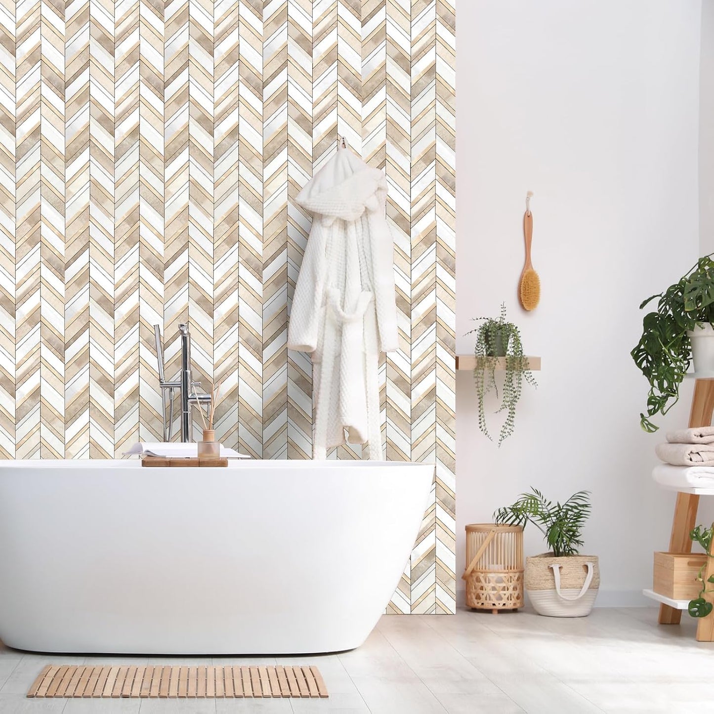 Yipscazo 10-Sheet Herringbone Backsplash Peel and Stick Tile, Polished White PVC Stick on Backsplash for Kitchen, Waterproof Self Adhesive Wall Tile for Bathroom