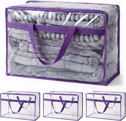 SGHUO Blanket Storage Bags 60L Extra Large Plastic Vinyl Clear Storage Bag for Clothes, Comforter, Bedding, Moving Bags with Zipper and Reinforced Handle (4pcs)