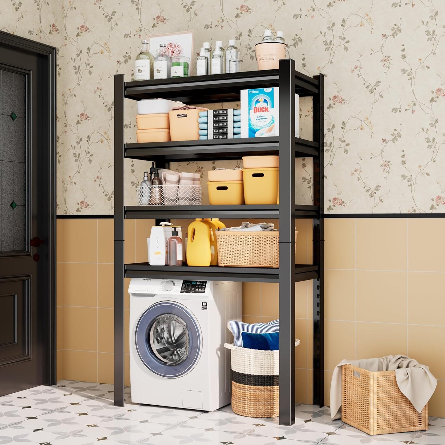 Over Washer and Dryer Shelves, Laundry Room Shelves Adjustable Metal Heavy Duty Freestanding Storage Shelves, Washing Machine Rack for Organization and Storage, Black (Black, 63''H*35.43''W*11.81''D)