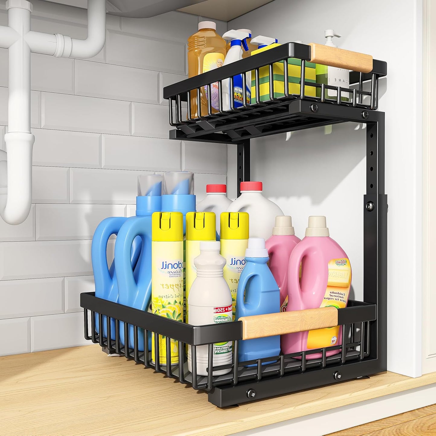 PXRACK Under Sink Organizer, Adjustable Height, 2 Tier Pull Out Under Cabinet Organizer, Slide Out Thickened Metal Under Sink Storage for Kitchen Bathroom Laundry Pantry Cabinet, White, Large-1-Pack