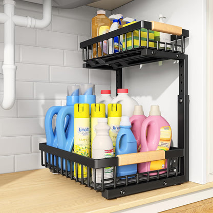 PXRACK Under Sink Organizer, Adjustable Height, 2 Tier Pull Out Under Cabinet Organizer, Slide Out Thickened Metal Under Sink Storage for Kitchen Bathroom Laundry Pantry Cabinet, White, Large-1-Pack