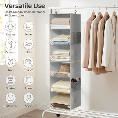 STORAGE MANIAC 6-Shelf Hanging Closet Organizer and Storage, 2 Separable 3-Shelf Haning Organizers for Closet, Collapsible Hanging Shelves Wardrobe Organization, College Dorm Room, Nursery, Beige