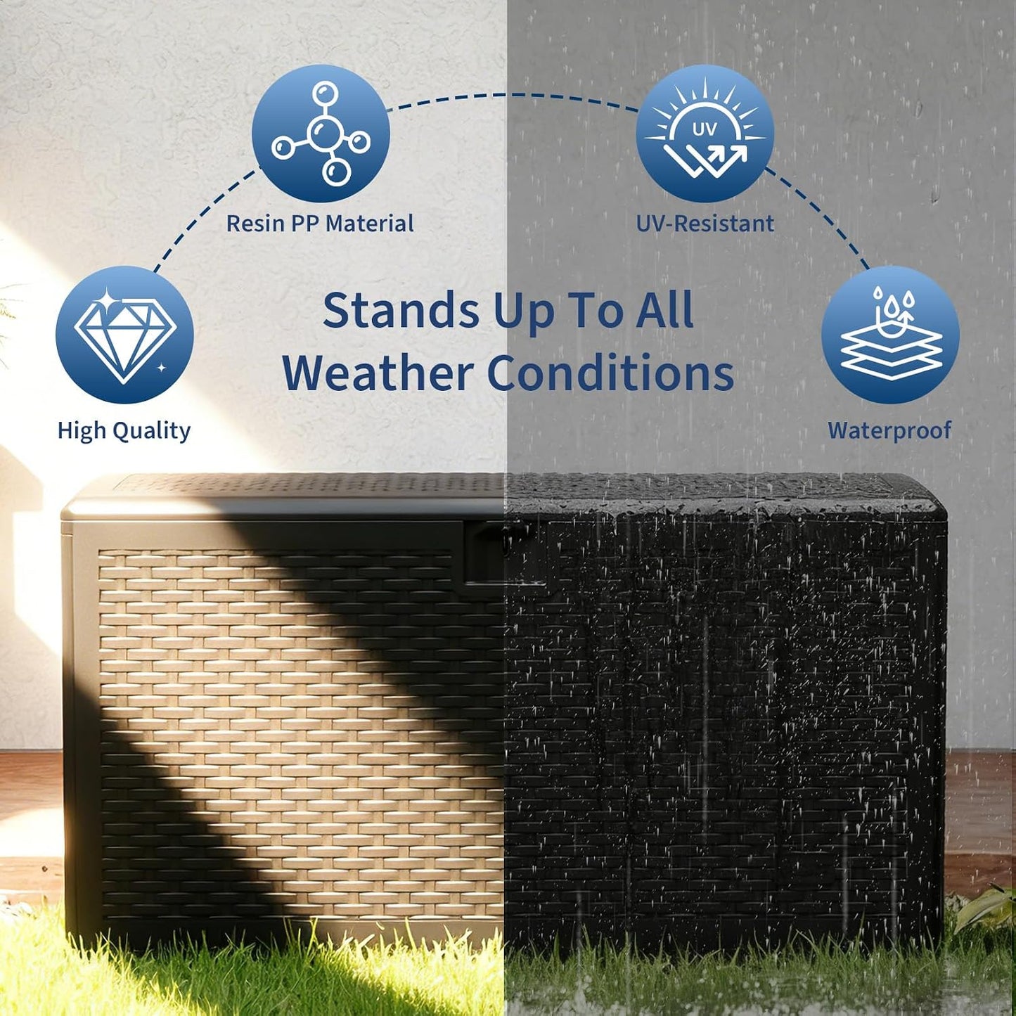 73 Gallon Lockable Outdoor Storage Bench Box, Waterproof & UV Resistant Patio Deck Container for Cushions, Pool Supplies & Yard Toys