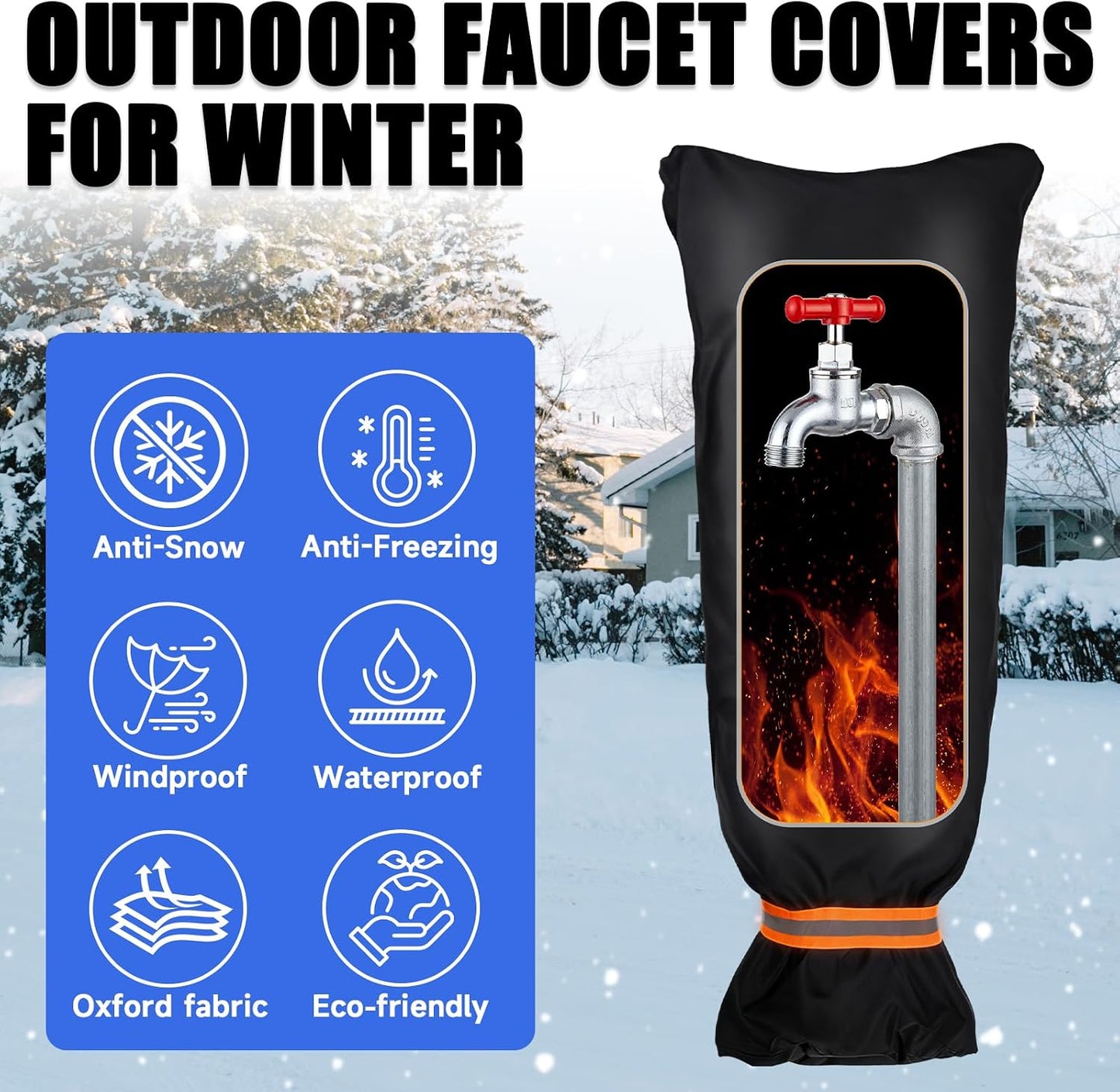 2 Pack Outdoor Faucet Covers for Winter, 6.7" W x 8.3" H Outdoor Water Faucet Cover Socks for Winter Freeze Protection Pipe Reusable Waterproof Insulated Spigot Covers with Reflective Strips, Black