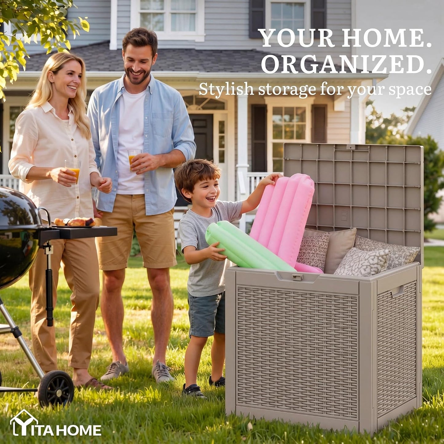YITAHOME 95 Gallon Outdoor Storage Deck Box | Waterproof Resin Deck Box w/Handles, Lockable Outdside Deck Box for Patio Furniture, Garden Tools, Lockable & UV