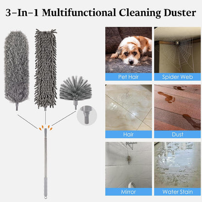 Microfiber Feather Duster 5-in-1 Kit with Extension Pole, Washable Cleaning Duster Set with 3 Duster Heads, Cobweb Duster, Corner Brush, 100'' Extendable Long Duster for High Ceilings, Fans, Furniture