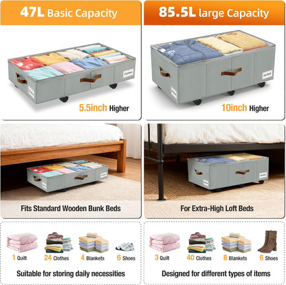 Under Bed Storage with Wheels,Underbed Storage with Sturdy Sidewalls/Bottom, Clear Cover, Label and PU Handle, Rolling Under Bed Drawers for Clothes, Shoes, 6.5 Inch Height,Black, 2 Pack