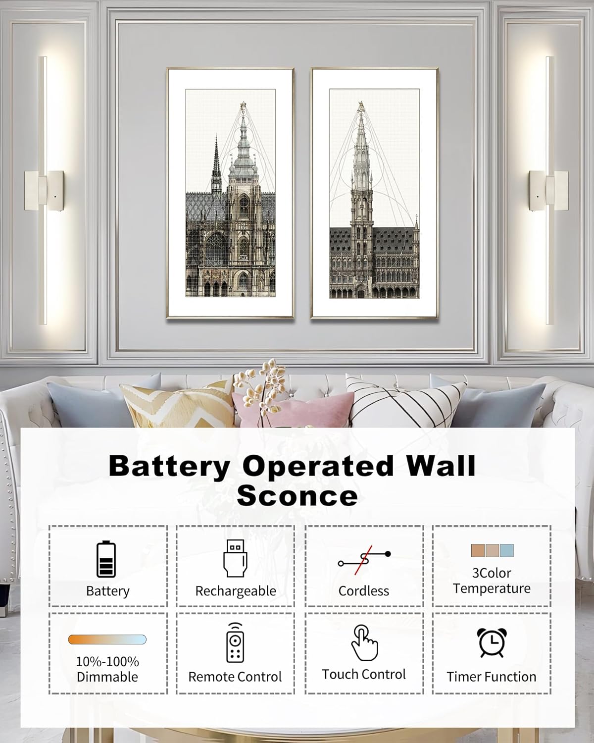 8000mAh Battery Operated Wall Sconce with Remote Control, 3000K-6000K Dimmable Black Wireless Rechargeable Wall Sconces Set of Two with Timer Function for Living Room, Bedroom, Stairwell, TV 24 Inch