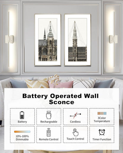 8000mAh Battery Operated Wall Sconce with Remote Control, 3000K-6000K Dimmable Black Wireless Rechargeable Wall Sconces Set of Two with Timer Function for Living Room, Bedroom, Stairwell, TV 24 Inch