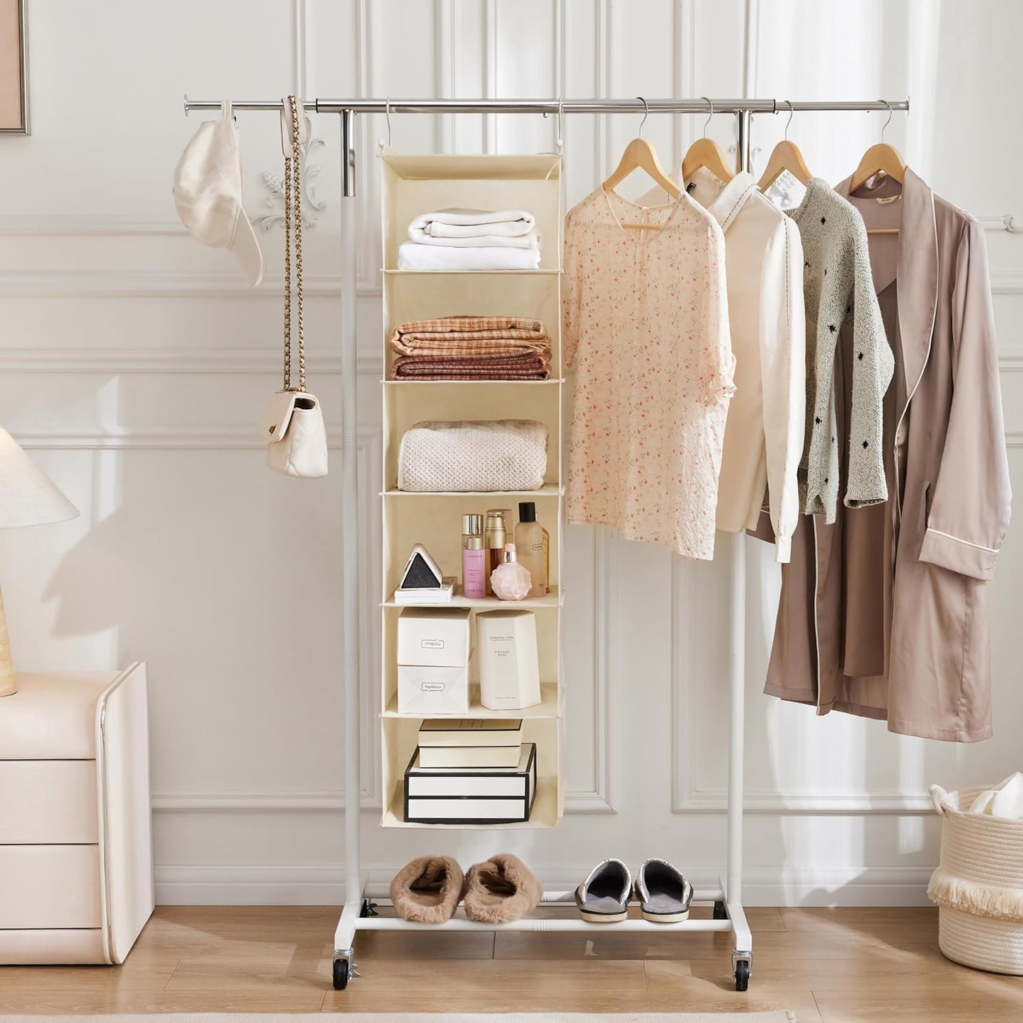 MAX Houser 6 Tier Shelf Hanging Closet Organizer, Closet Hanging Shelf with 2 Sturdy Hooks for Storage, Foldable (Grey)