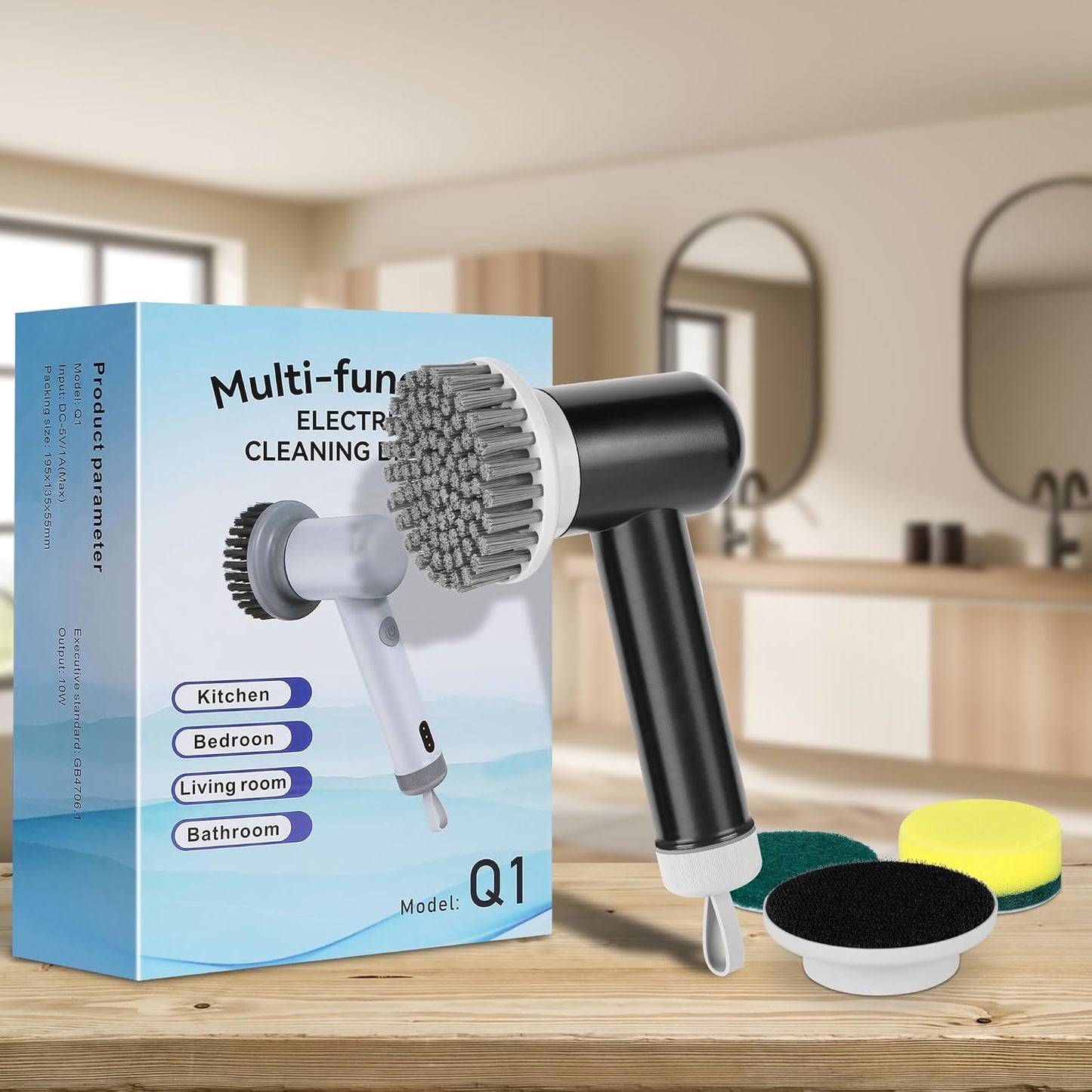 Electric Spin Scrubber, Cordless Shower Scrubber with 3 Replaceable Brushes, Waterproof Power Scrubber for Cleaning Bathroom, Kitchen, Floor, Rechargeable Electric Scrubber for Cleaning, Light Black