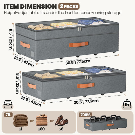 Dayacoco Under Bed Storage With Wheels,10in Underbed Storage Containers 65L | Large Capacity Underbed Storage, No Assembly Required Rolling Under Bed Storage for Clothes Blankets Shoes Beige