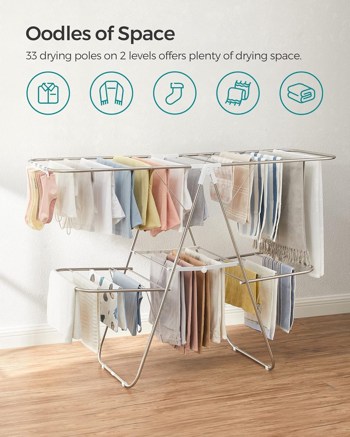SONGMICS Clothes Drying Rack, with Sock Clips, Metal Laundry Rack, Foldable, Space-Saving, Free-Standing Airer, with 2 Height-Adjustable Gullwings, Indoor Outdoor Use, Gray ULLR052G01