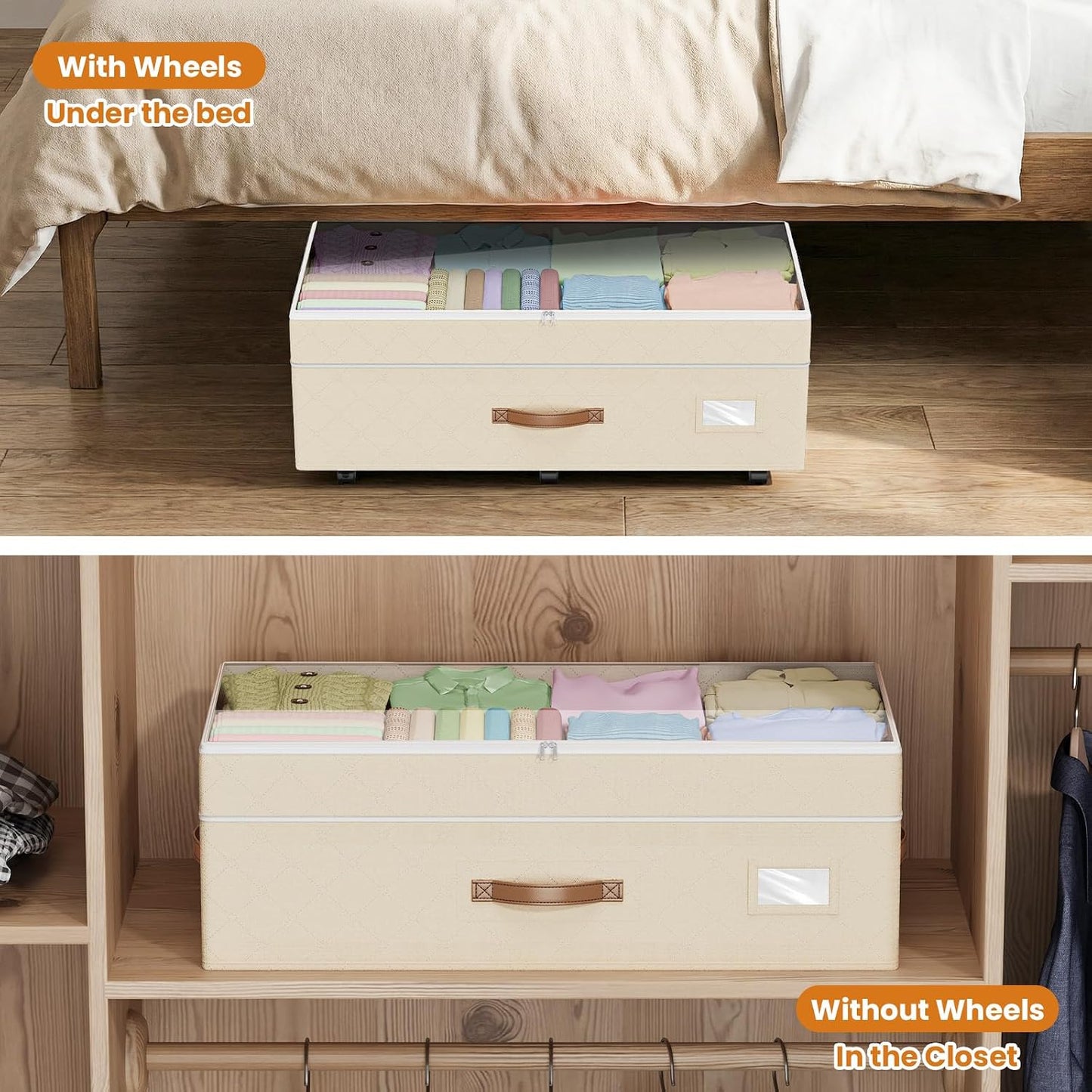Budding Joy 80L 2 Pack Adjustable Under Bed Storage with Wheels | Underbed containers with clear lids, rolling under bed shoe storage organizer for dorm home clothes, blankets, toys, black