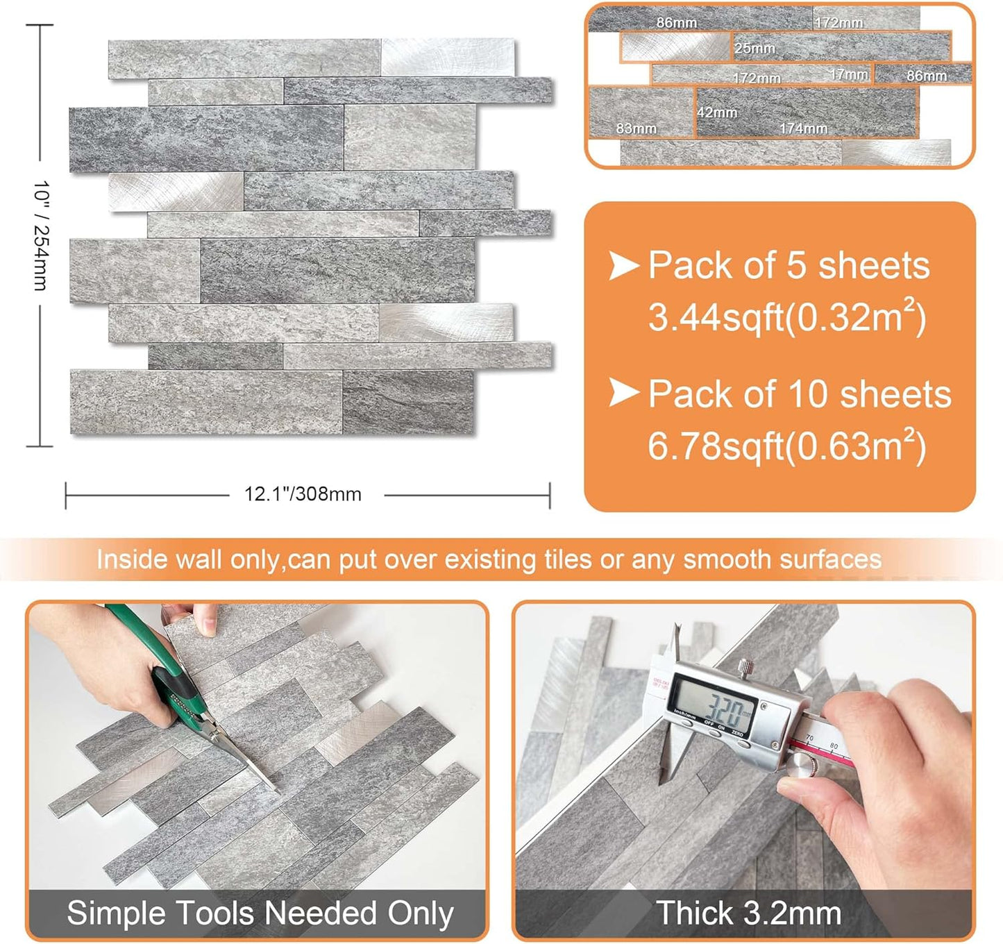 VAOVI Backsplash Tile Peel and Stick Kitchen Stone Subway Linear Mosaic Bathroom Shower Wall Waterproof(10pcs,Gray)