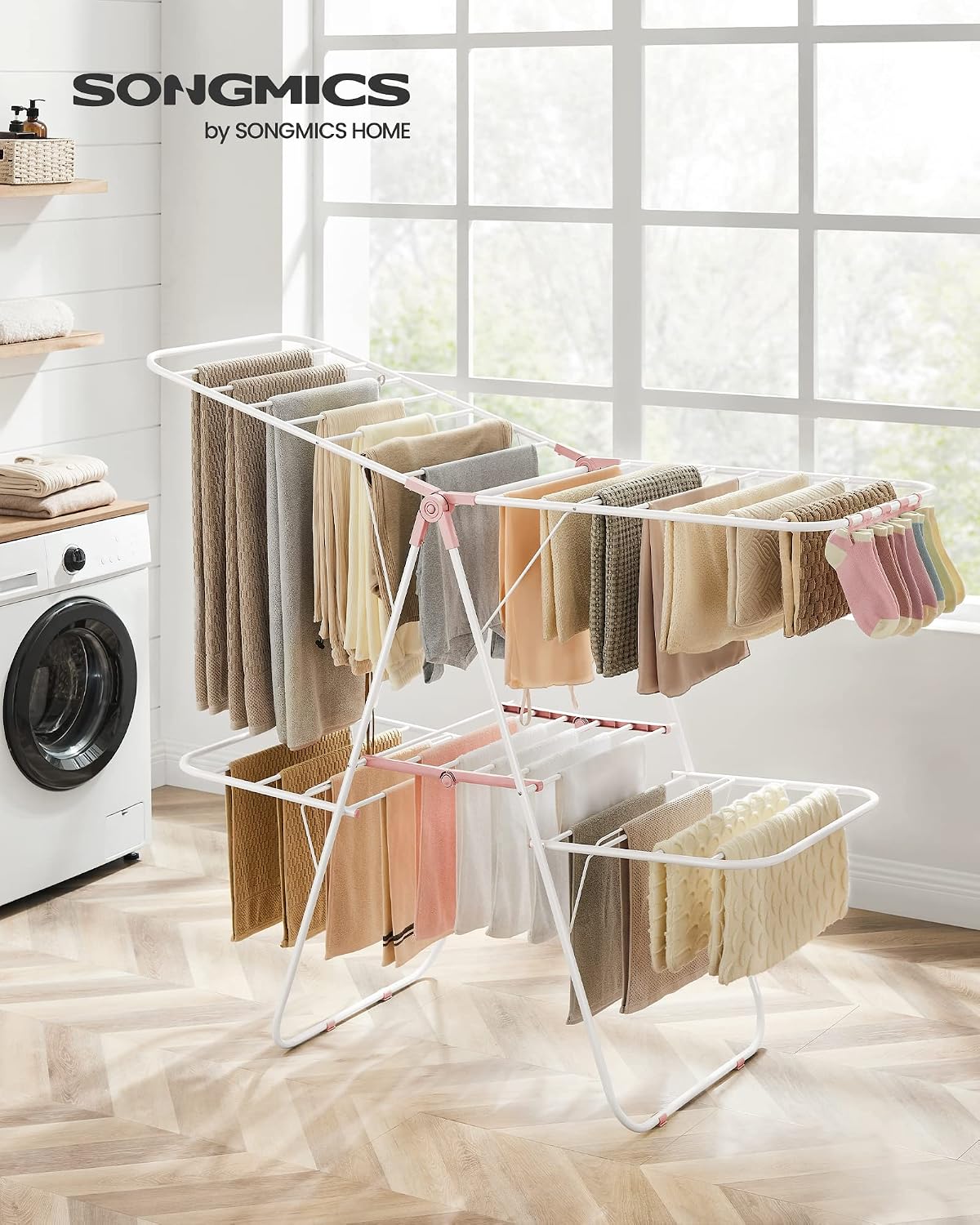 SONGMICS Clothes Drying Rack, with Sock Clips, Metal Laundry Rack, Foldable, Space-Saving, Free-Standing Airer, with 2 Height-Adjustable Gullwings, Indoor Outdoor Use, Gray ULLR052G01