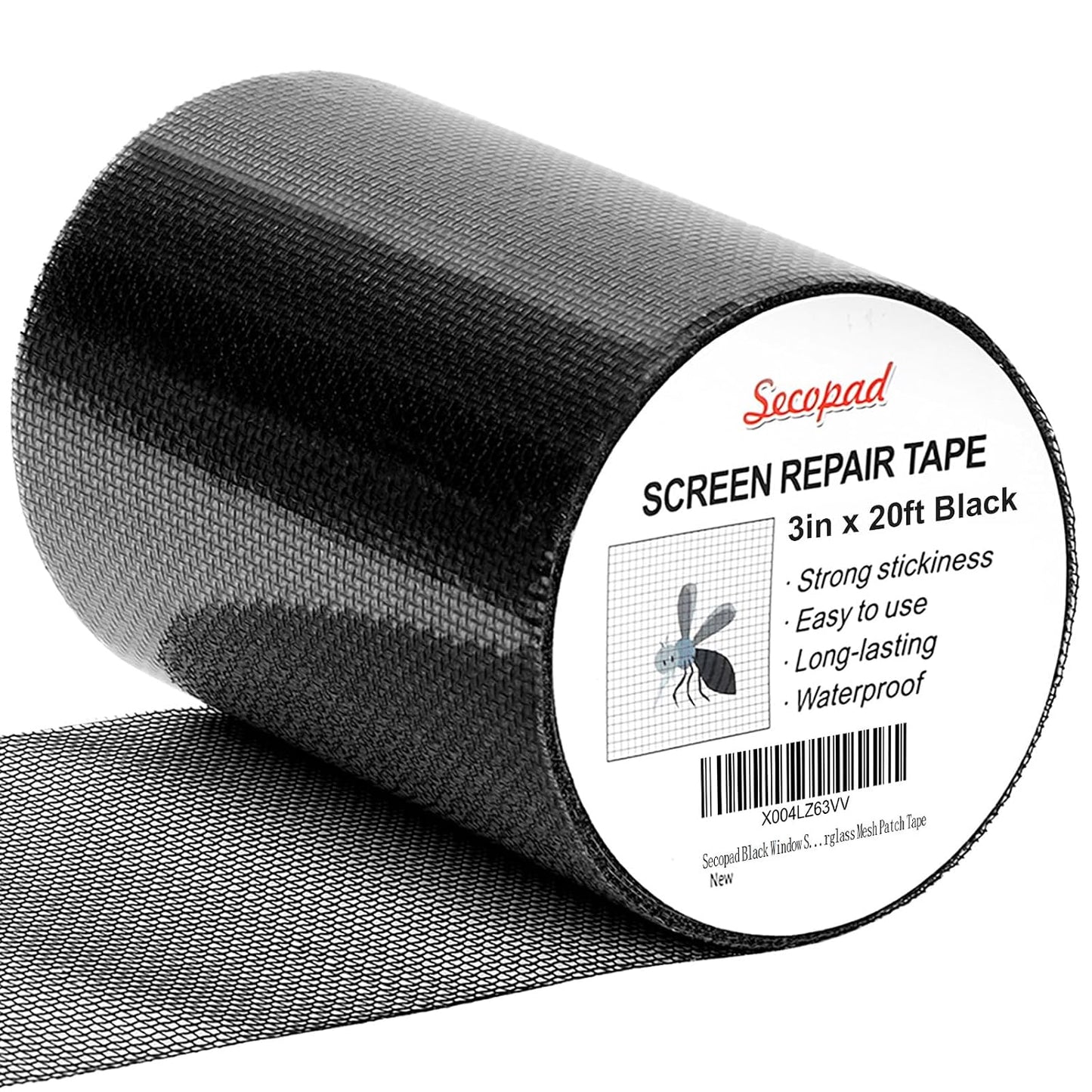Secopad Black Window Screen Repair Tape, 4 in X 20 FT (240IN) Kit for Windows or Doors, Strong Adhesive Patch Fiberglass Mesh Repair
