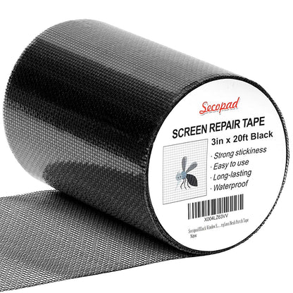 Secopad Black Window Screen Repair Tape, 4 in X 20 FT (240IN) Kit for Windows or Doors, Strong Adhesive Patch Fiberglass Mesh Repair