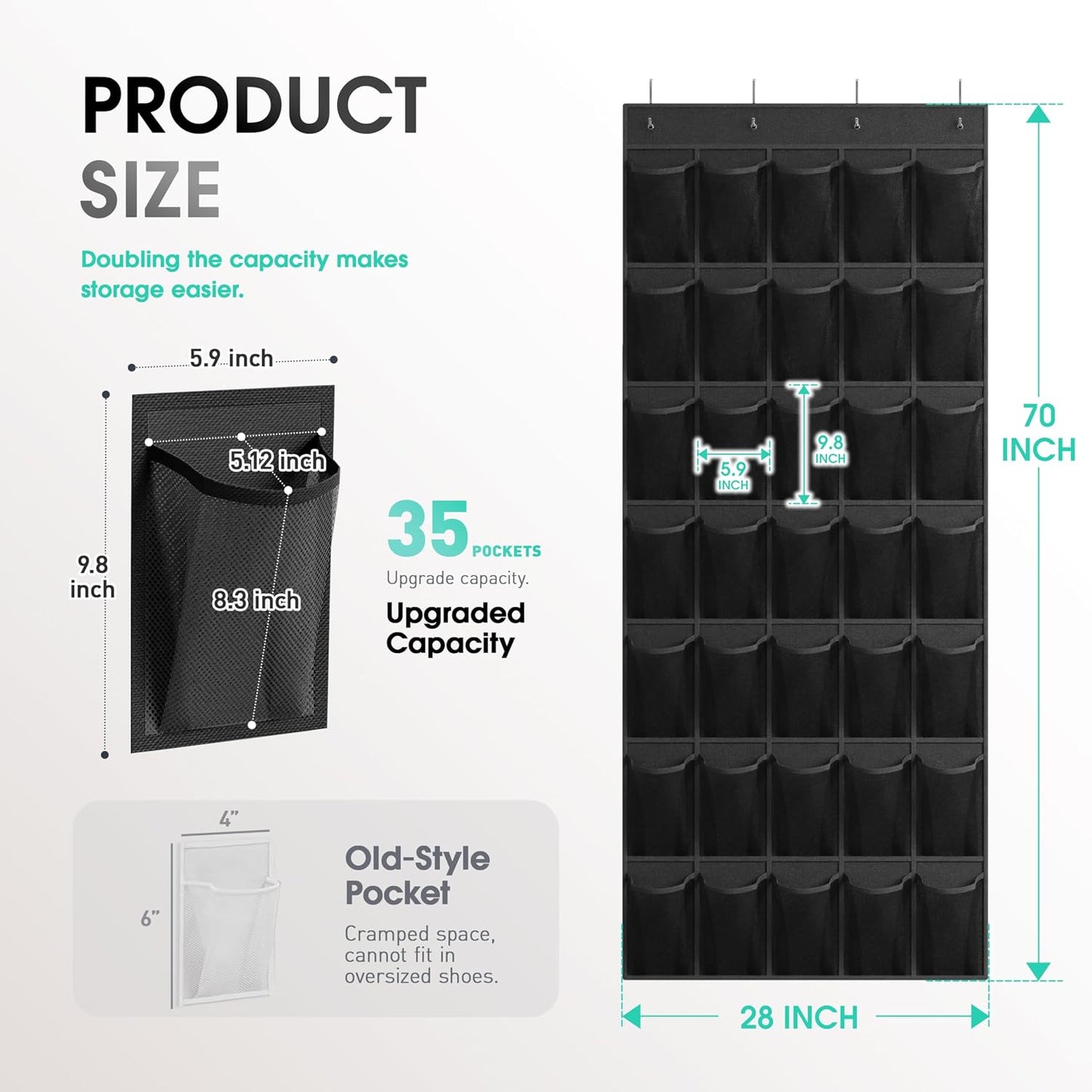 WVM Over the Door Shoe Organizer with 35 Breathable Mesh Pockets, Hanging Shoe Organizer for Door with 4 Metal Hooks, Large Capacity Closet Storage for Shoes, Accessories, Grey