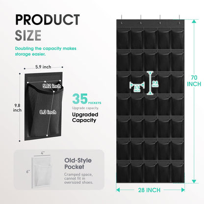 WVM Over the Door Shoe Organizer with 35 Breathable Mesh Pockets, Hanging Shoe Organizer for Door with 4 Metal Hooks, Large Capacity Closet Storage for Shoes, Accessories, Grey