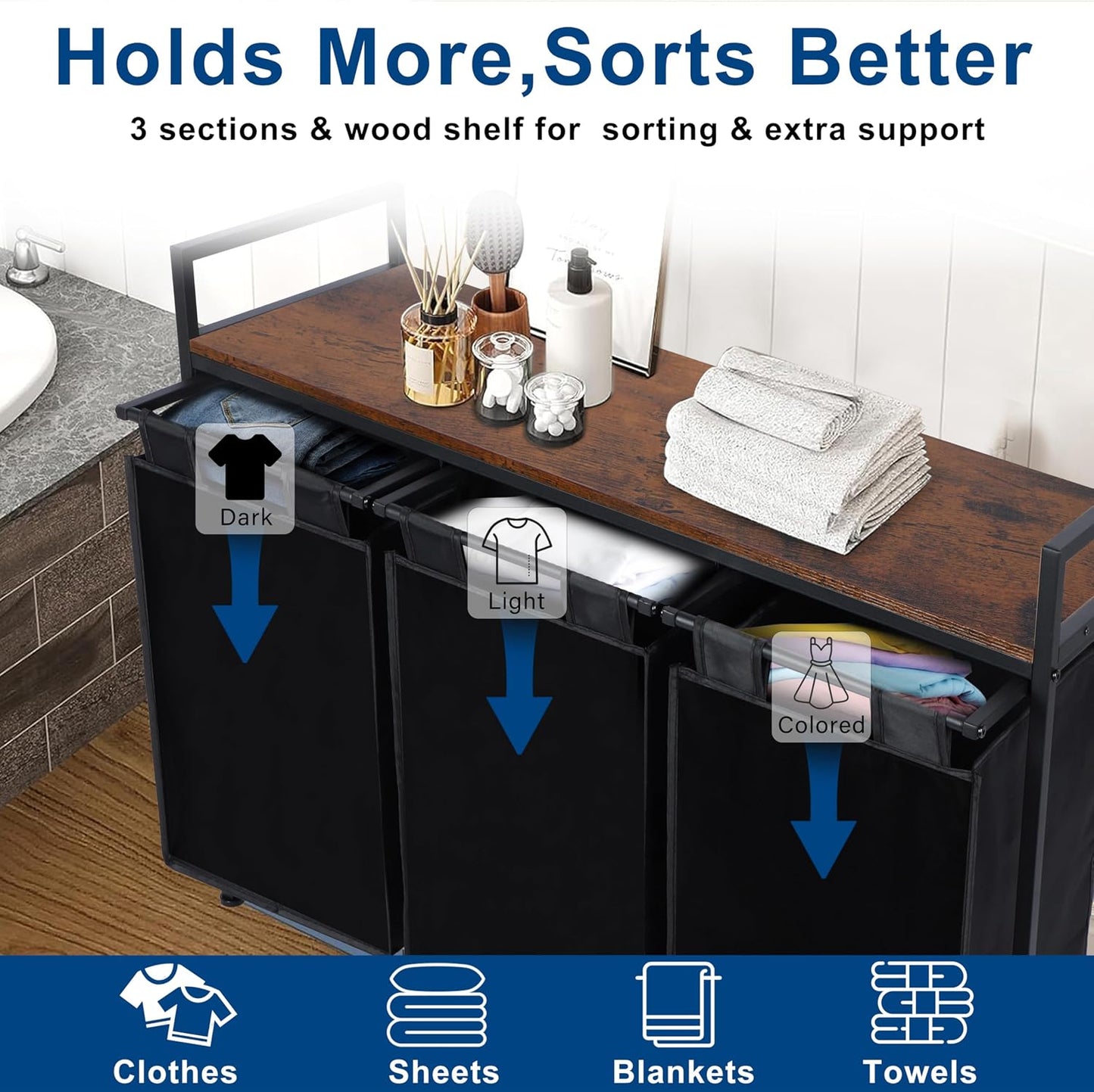 Whitmor Laundry Sorter, 92L Laundry Hamper with Shelf & 2 Removable Bags, 2 x 12.1 Gallons (46L), 28.8 x 13 x 28.4 Inches, Dirty Clothes Hamper Organizer for Laundry Room, Bathroom, Dorm, Black