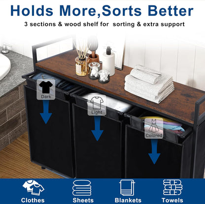 Whitmor Laundry Sorter, 92L Laundry Hamper with Shelf & 2 Removable Bags, 2 x 12.1 Gallons (46L), 28.8 x 13 x 28.4 Inches, Dirty Clothes Hamper Organizer for Laundry Room, Bathroom, Dorm, Black