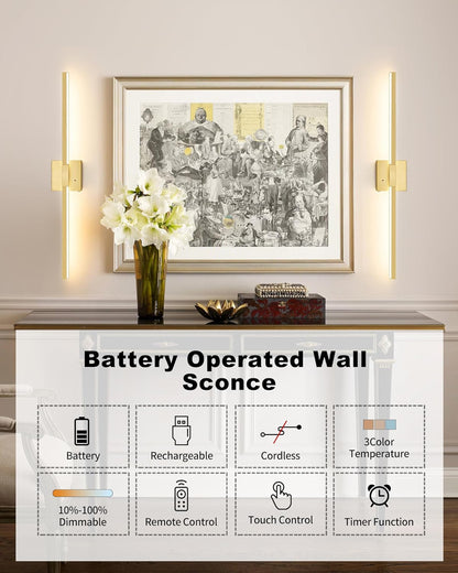 8000mAh Battery Operated Wall Sconce with Remote Control, 3000K-6000K Dimmable Black Wireless Rechargeable Wall Sconces Set of Two with Timer Function for Living Room, Bedroom, Stairwell, TV 24 Inch