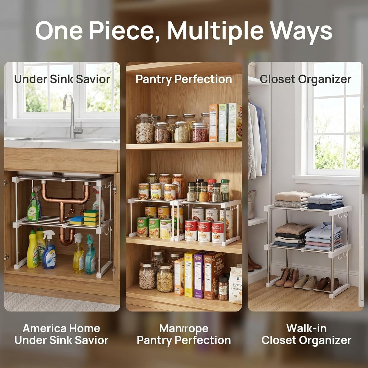 BLULEE Expandable Under Sink Organizer, 2-Tier Adjustable Storage Shelf | Heavy-Duty Stainless Steel Cabinet Rack for Kitchen Pantry & Bathroom Vanity, Stackable Organization System