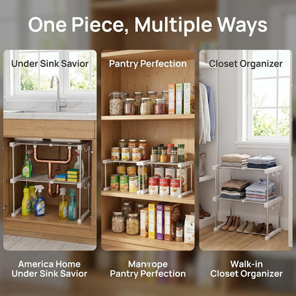 BLULEE Expandable Under Sink Organizer, 2-Tier Adjustable Storage Shelf | Heavy-Duty Stainless Steel Cabinet Rack for Kitchen Pantry & Bathroom Vanity, Stackable Organization System