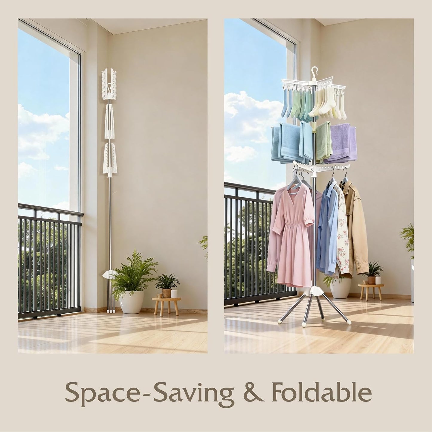 Beaudaily Clothes Drying Rack, Foldable 79.5-Inch Laundry Drying Rack,3 Tie, with Rotatable Arms, Stainless Steel, Holds 27 Clothes,8 Towels and 24 Clips for Hanging Socks, White and Silver