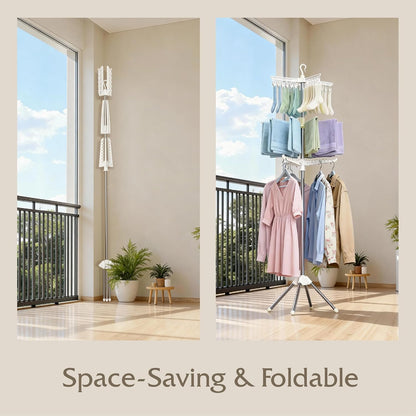 Beaudaily Clothes Drying Rack, Foldable 79.5-Inch Laundry Drying Rack,3 Tie, with Rotatable Arms, Stainless Steel, Holds 27 Clothes,8 Towels and 24 Clips for Hanging Socks, White and Silver