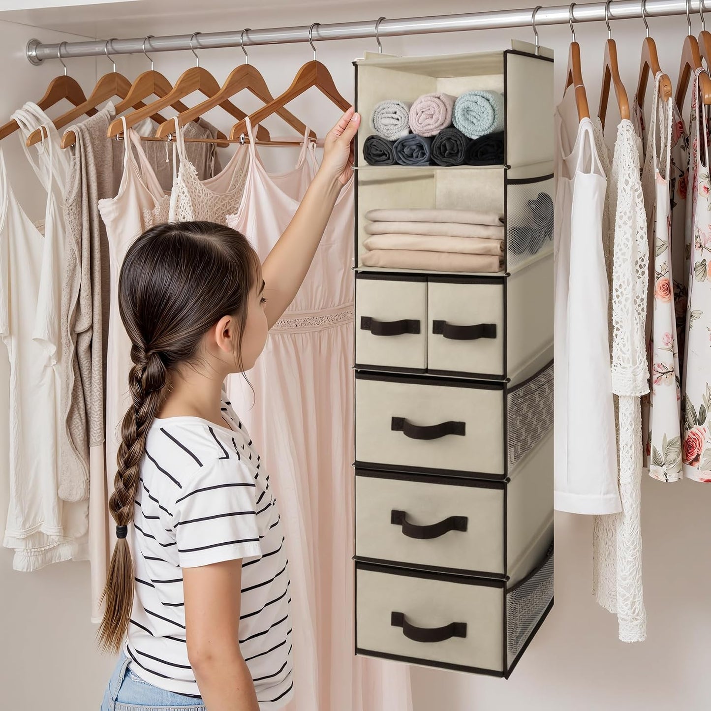 GRANNY SAYS Hanging Closet Organizer 6 Shelves, Closet Organizers and Storage with 5 Drawers, 6 Side Pockets Closet Hanging Organizer, Hanging Storage Organizer for Closet, Baby Clothes, Gray