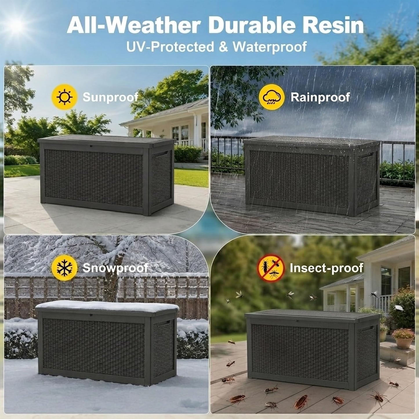 270 Gallon Lockable Resin Outdoor Storage Box, Waterproof & Weather Resistant Deck Box for Patio Cushion, Garden Tools & Pool Accessories, Black