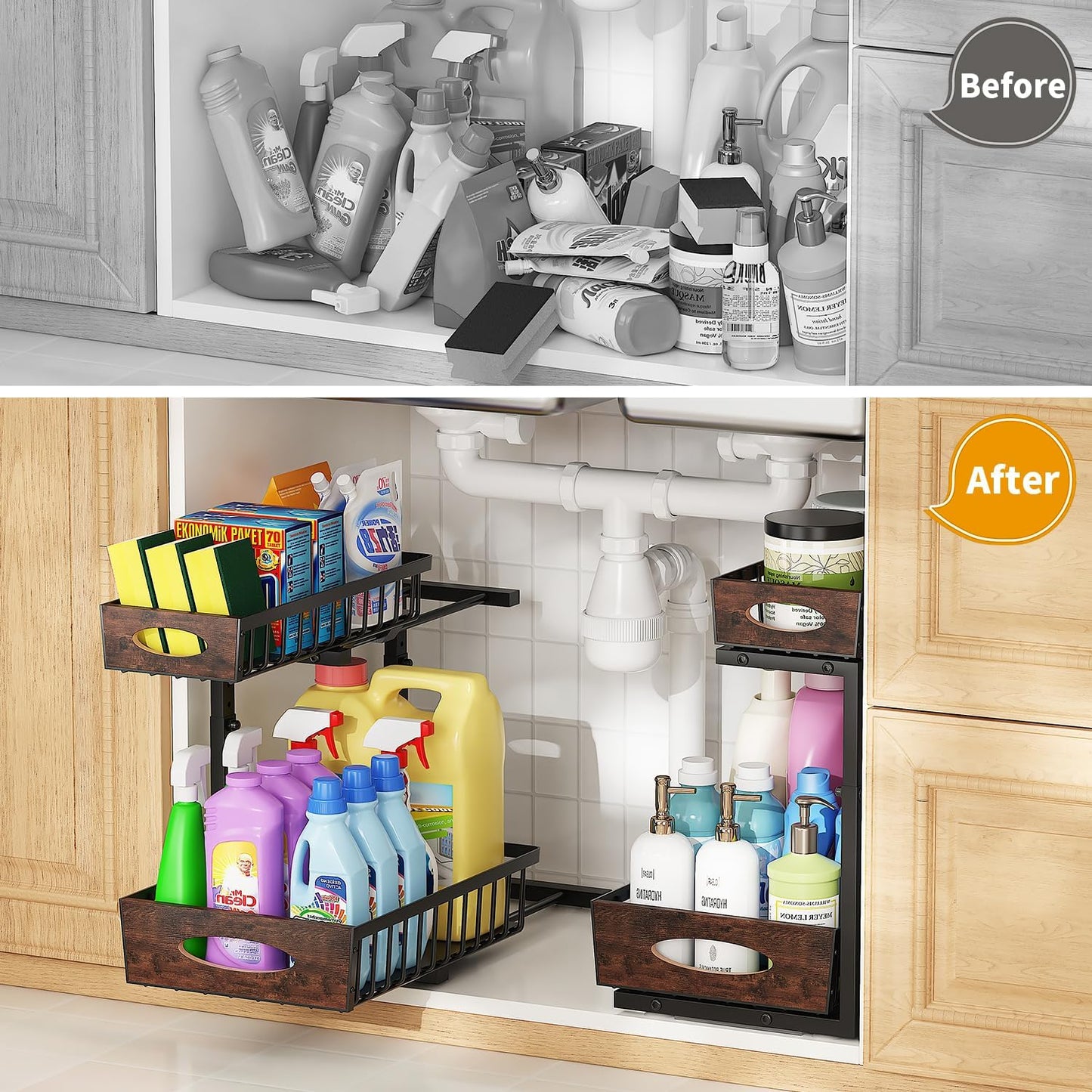 2-Tier Under Sink Organizer with Wooden Drawer Handle, 2 Pack Adjustable Height Pull Out Cabinet Organizer Shelf,Slide out Storage Drawer Rack for Kitchen Bathroom Laundry Room Pantry (Black)