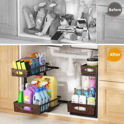 2-Tier Under Sink Organizer with Wooden Drawer Handle, 2 Pack Adjustable Height Pull Out Cabinet Organizer Shelf,Slide out Storage Drawer Rack for Kitchen Bathroom Laundry Room Pantry (Black)