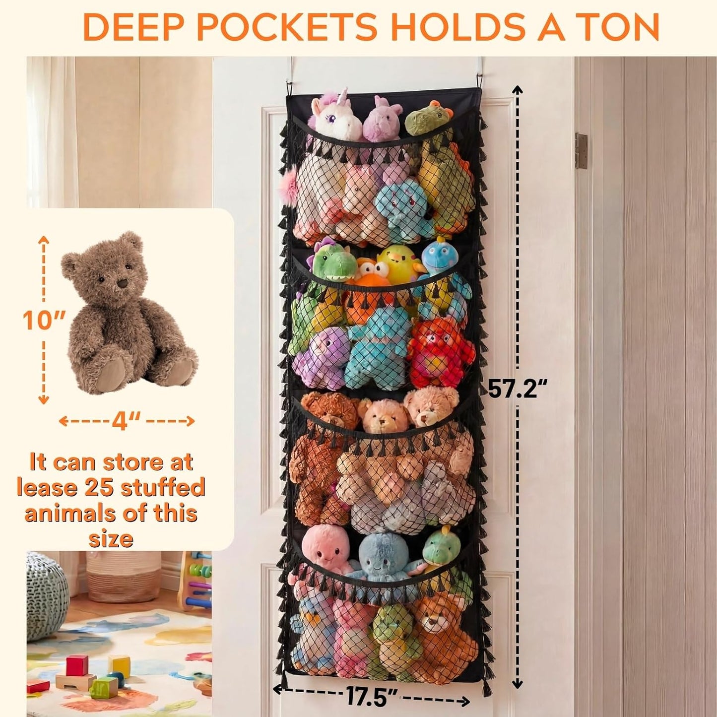 Ofiray-home Cotton Over The Door Stuffed Animal Storage | Toy Organizer for Storage Plush Toys, Stuffed Animal Holder with 4 Large Pockets, Hanging Door Organizer for Nursery