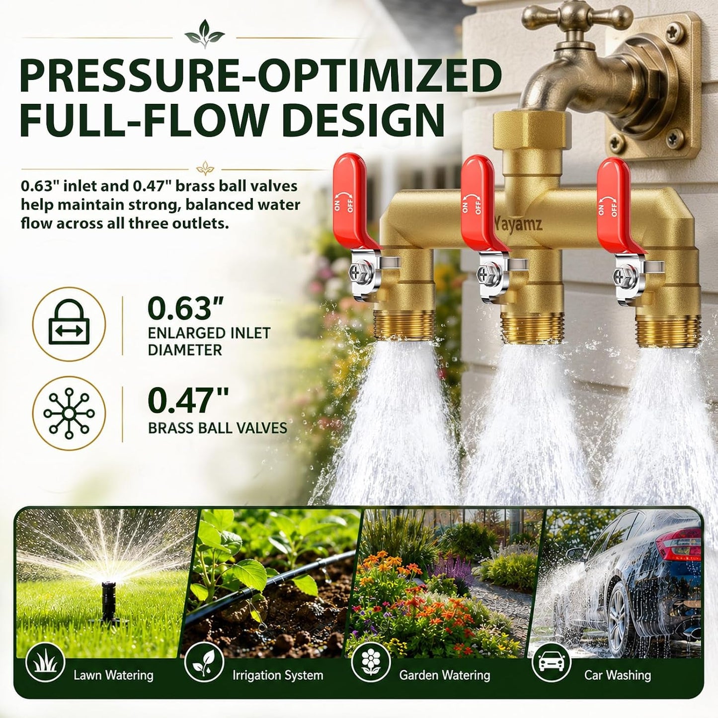 Garden Hose Splitter 3-Way, Heavy Duty Brass Hose Splitter | Outdoor Water Spigot Splitter, Full Flow, Long Handles, Shut-off Valves, Wide Spacing Fit Large Timer