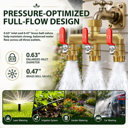 Garden Hose Splitter 3-Way, Heavy Duty Brass Hose Splitter | Outdoor Water Spigot Splitter, Full Flow, Long Handles, Shut-off Valves, Wide Spacing Fit Large Timer