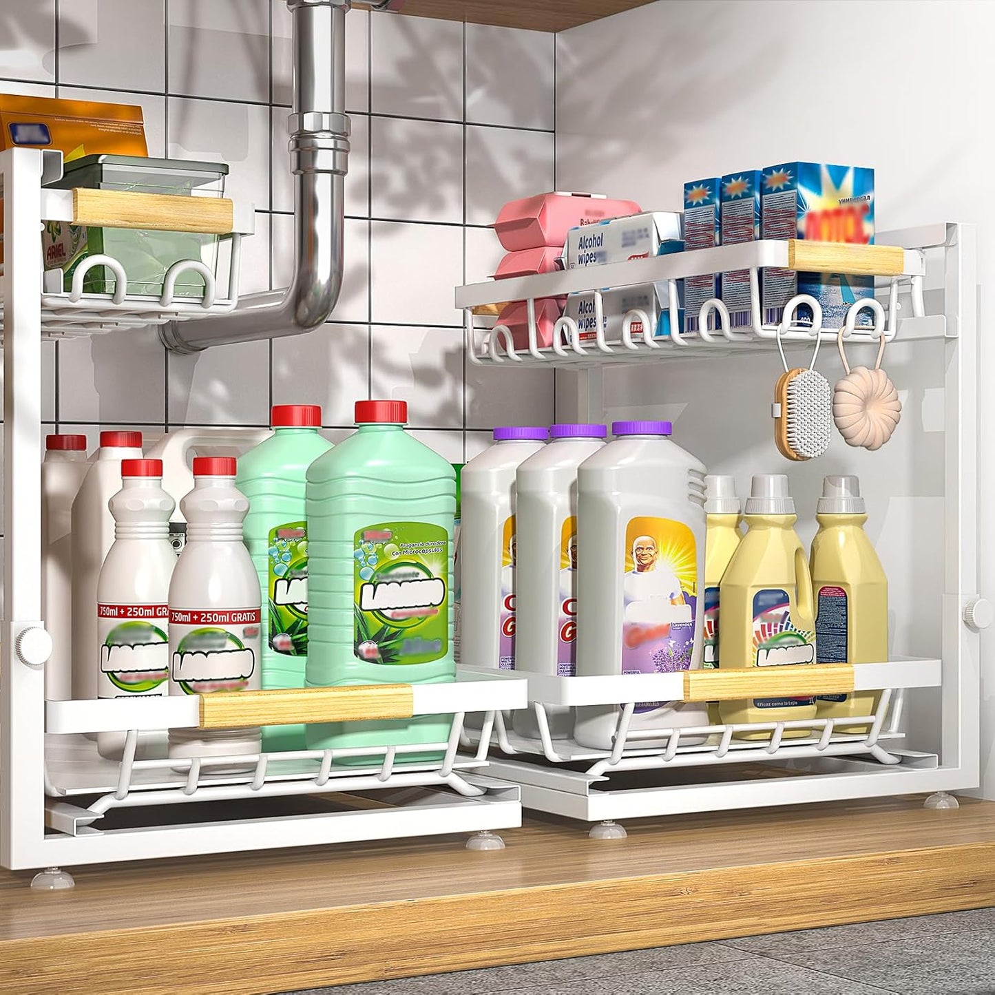 Sevenblue 2-Pack 2-Tier Height Adjustable Under Sink Organizer & Storage | Multi-purpose storage for kitchen & bathroom cabinet. Large black shelf, height adjustable design for space-saving.