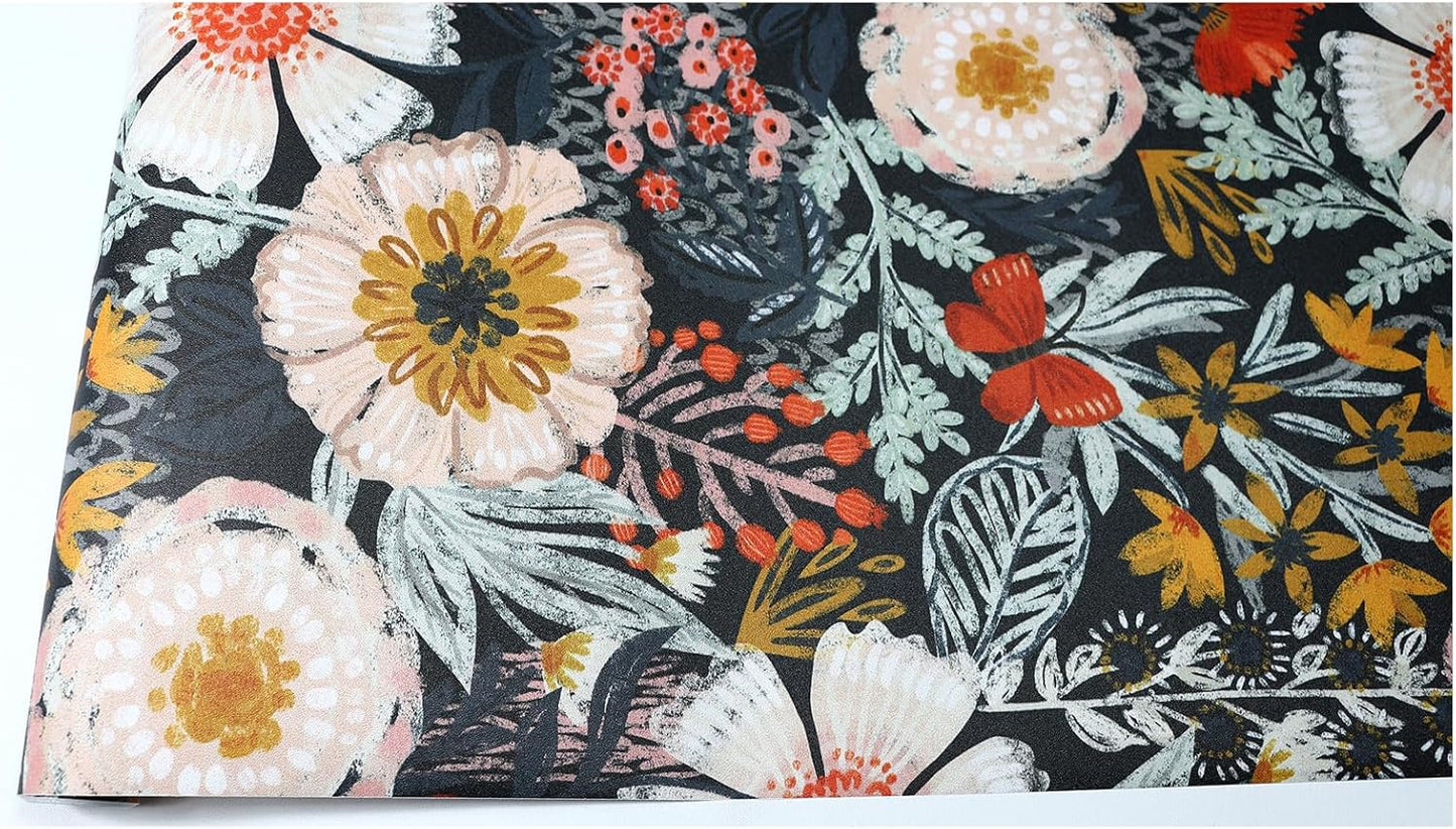 HAOKHOME Boho Peel and Stick Wallpaper Floral Wall Paper Removable for Bedroom Navy/Pink/Orange Contact Paper 17.7in x 9.8ft