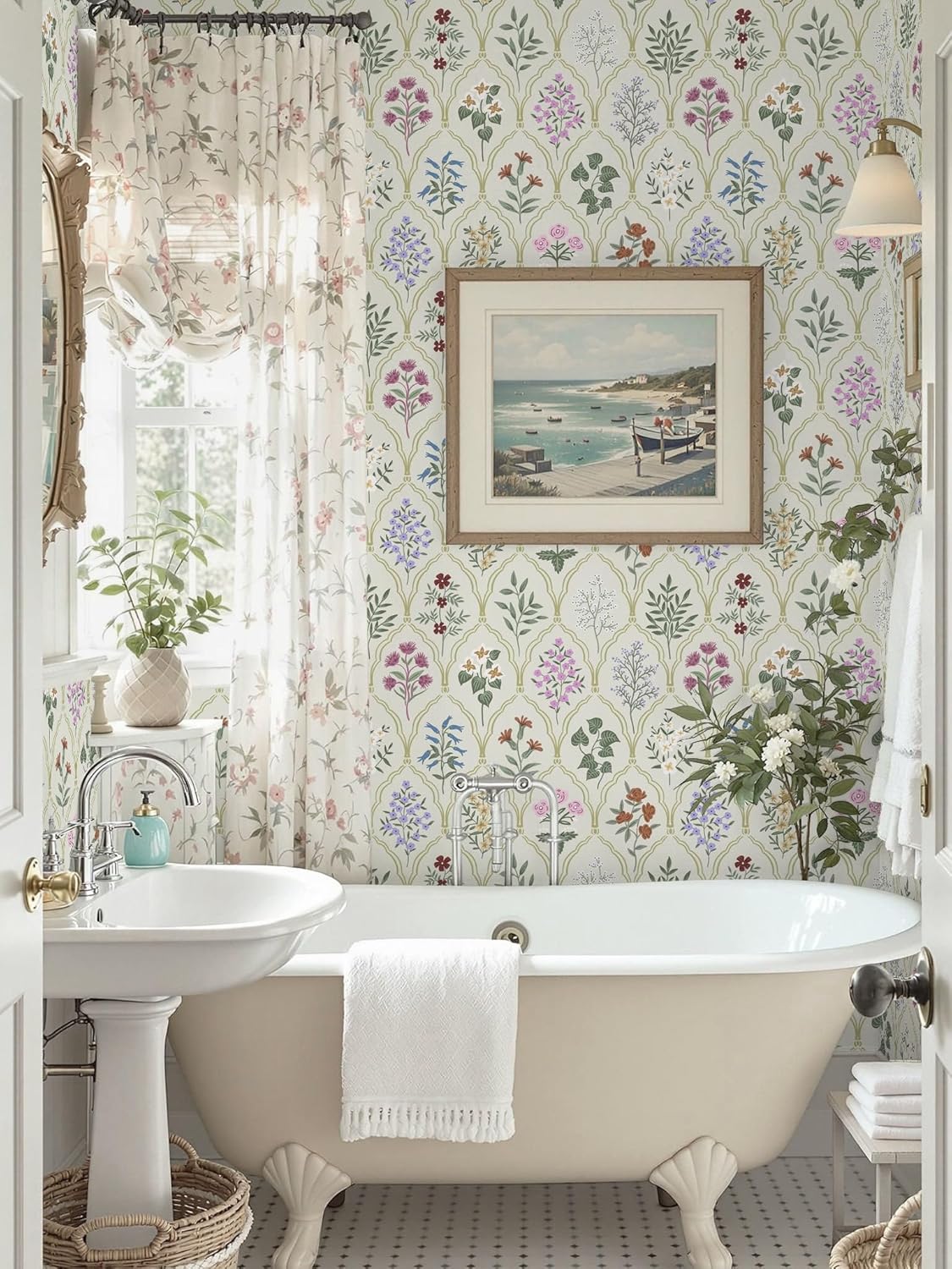 Dimoon 17.3''x78.7'' Vintage Peel and Stick Wallpaper Boho Beige Neutral Contact Paper White Floral Bird Wallpaper Removable Botanical Renter Friendly Modern Wall Paper Bedroom Bathroom Vinyl Roll