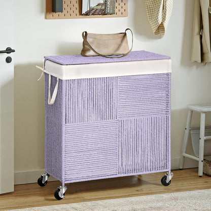 WOWLIVE Double Laundry Hamper with Lid, Handwoven Rolling Laundry Basket with Wheels, 115L Dirty Clothes Hamper with Removable Liner Bag Large Capacity Laundry Sorter Laundry Room Organization,Natural
