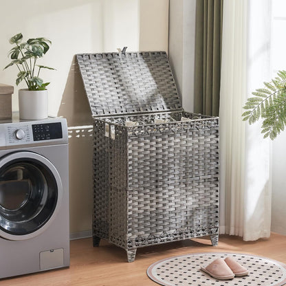 Laundry Hamper with Lid, 190L Large Laundry Basket 3 Section with 6 Removable Liner Bags & 3 Mesh Laundry Bags, Handwoven Rattan Clothes Hamper with Heightened Feet, No Install Needed, Natural
