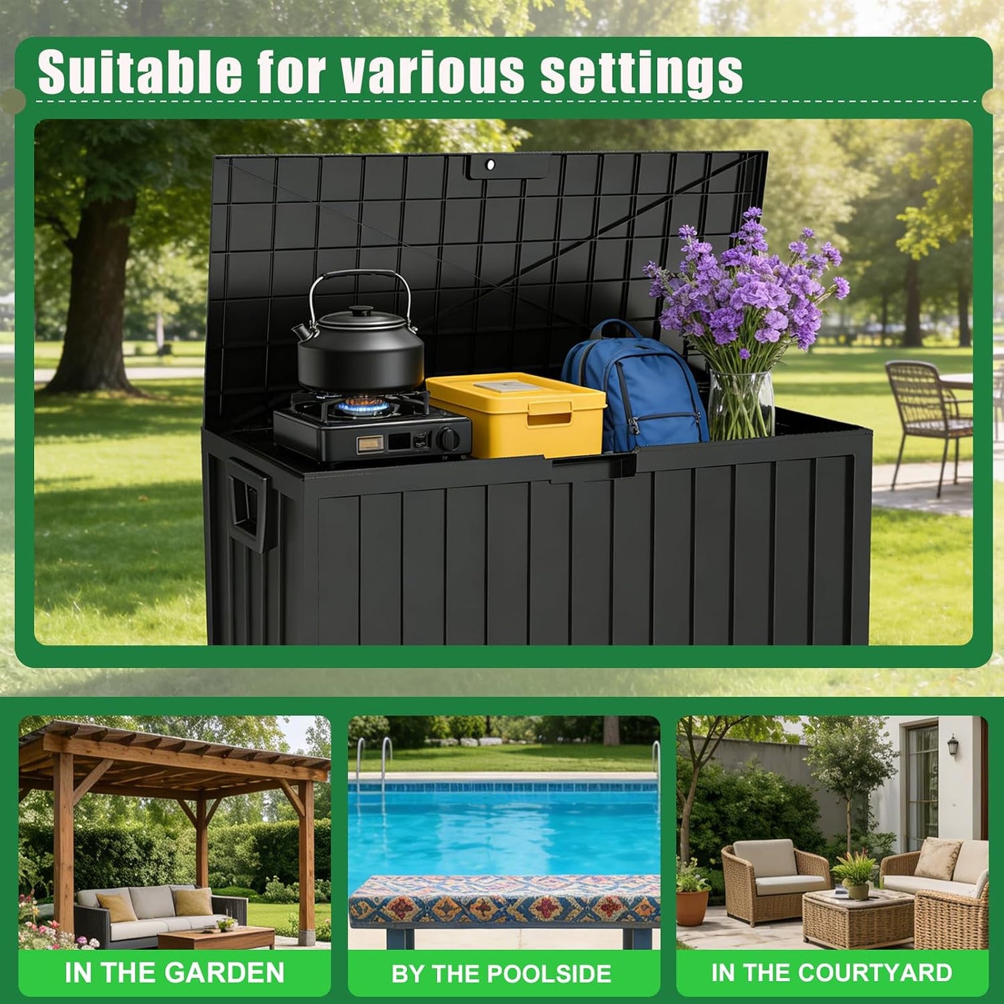35 Gallon Deck Box, Lockable Waterproof Resin Storage Box for Patio, Indoor & Outdoor Use, for Cushions, Accessories, Package Delivery & Garden Tools,Beige