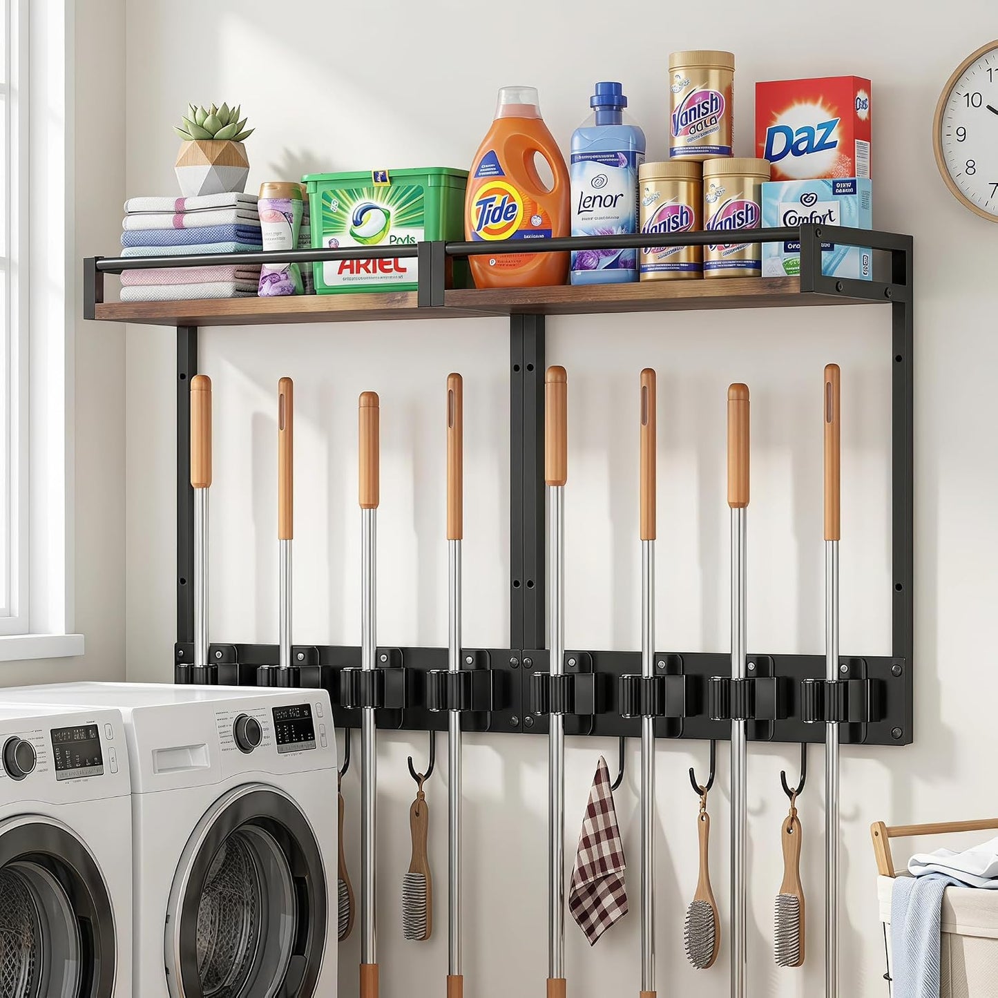 Broom Holder Wall Mount with Shelf Load 66LBS Broom and Mop Organizer Wall Hanging Broom Hanger with 4 Mop Hanger Grippers, 3 Hooks for Laundry Room, Garage, Utility Closet, Kitchen, 1 Pack
