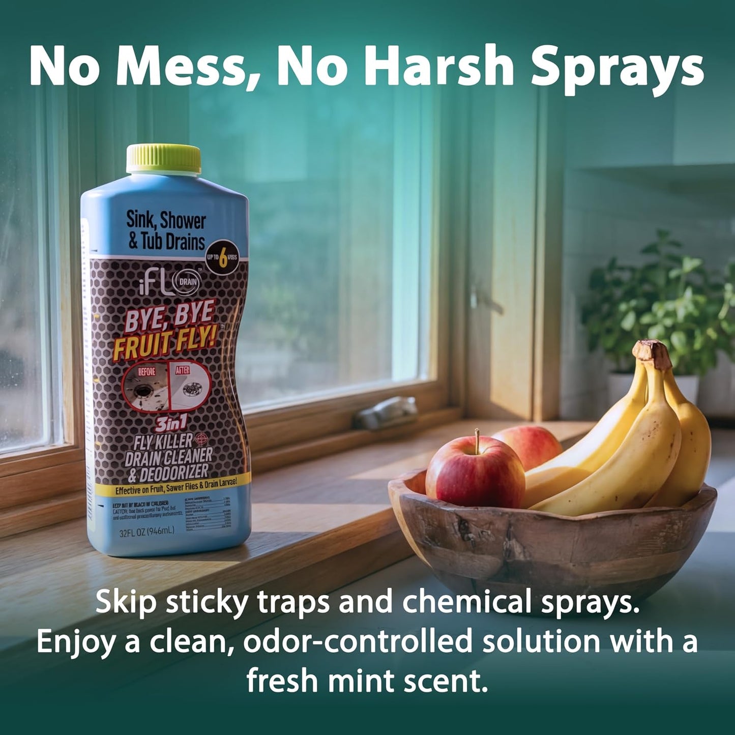 iFLO Bye Bye Fruit Fly Eliminator & Drain Cleaner – Mint Scent – Attracts & Eliminates Fruit Flies, Their Larvae, Drain Flies & Sewer Flies – Safe for Sink, Bathroom & Food Areas - 32oz