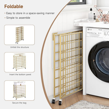 Laundry Basket with Wheels, Heavy Duty Laundry Sorter 2 Sections, 120L (32Gal.) Large Capacity Laundry Hamper with Wood Lid, 360 Rolling Wheels, Extra Side Pocket, Leather Pull Handle, Beige