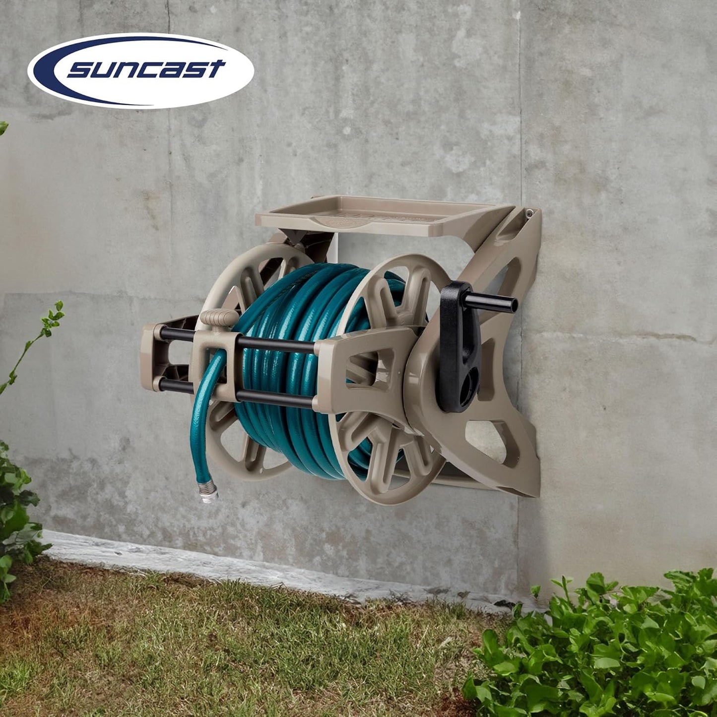 Suncast Slide Trak Garden Hose Reel, Wall-Mount Holder with Storage Tray, Dark Taupe - Outdoor Mounted Organizer for 175 Ft of 5/8" Standard Vinyl Water Hoses in Lawn and Yard